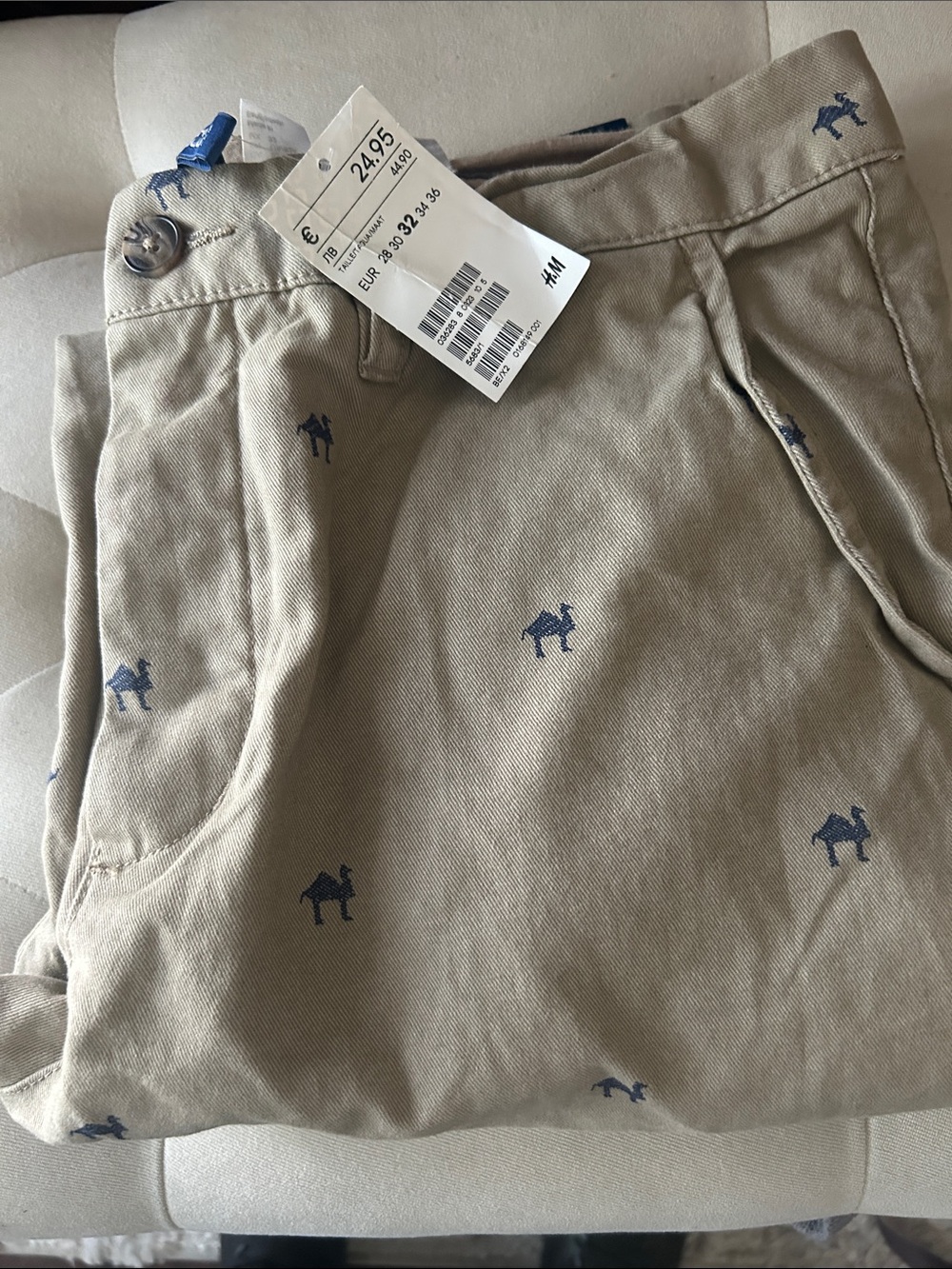 H&M Men's Khaki Chinos with Navy Camel Embroidery